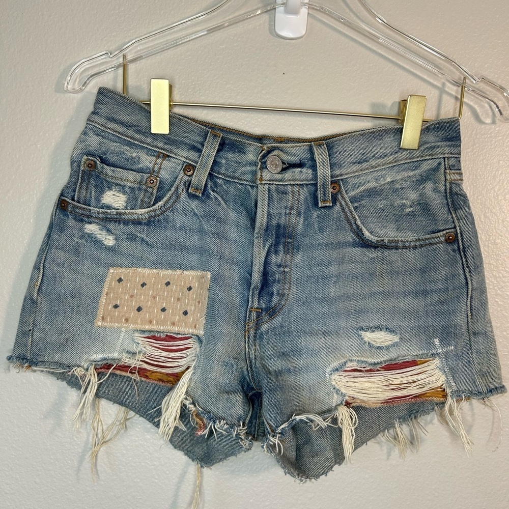 Levi's Light Blue Distressed Denim Patchwork Women's Shorts